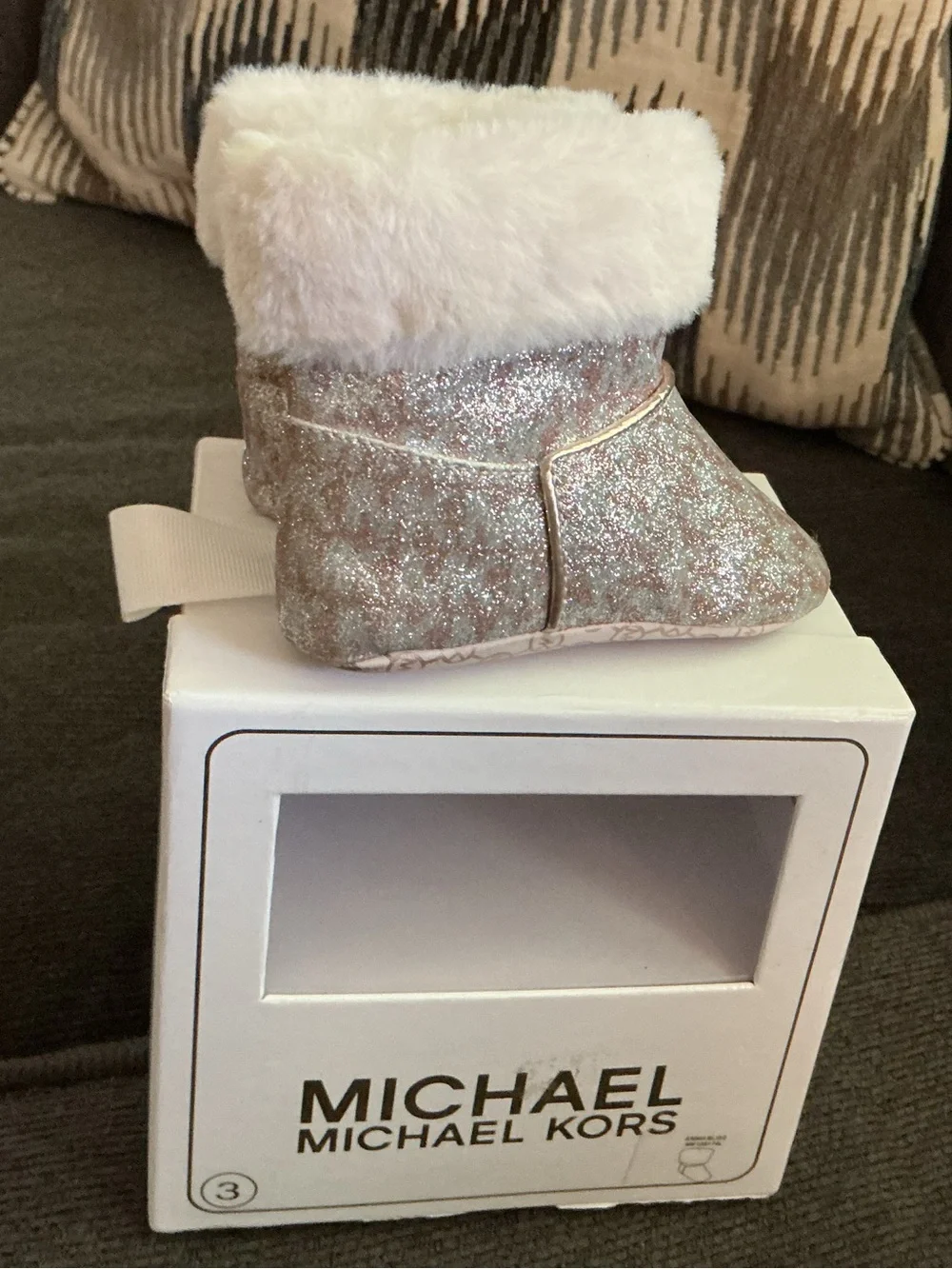 Michael Kors Glitter Baby Booties with Pink Faux Fur Cuff